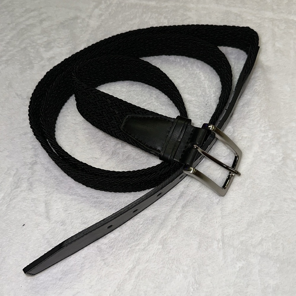 Black Stretch Belt w Leather Accents Silver Buckle Age 54/56
